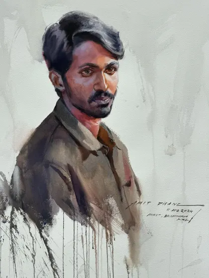 A watercolour portrait demonstrated at the Pratima Utkat Art Exhibition in Pune. The lighting on the model was fantastic, creating strong highlights and shadows.