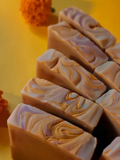 Our Zaffran Utsav soap, handcrafted for the season of light. Colored naturally with turmeric and a shimmer of mica, this bar brings a festive glow to your skincare ritual.