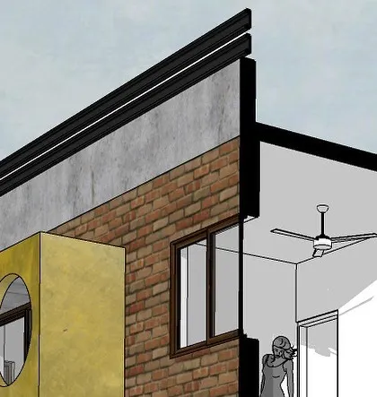 Detail view of the upper residential floor of 'Project 83', showing the combination of exposed brick and a projecting yellow accent volume.