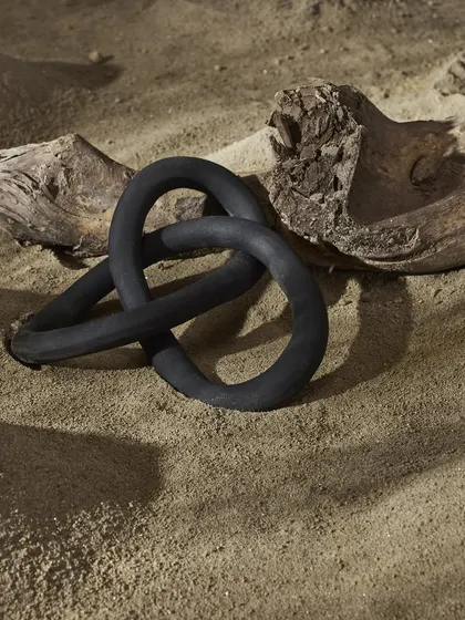 A duplicate of image 107, this shot highlights a modern, black decorative knot against natural wood, creating a strong contrast in form and texture.