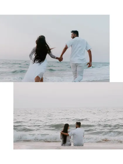 A collage of a couple walking on the beach and sitting by the ocean, capturing a serene pre-wedding vibe.