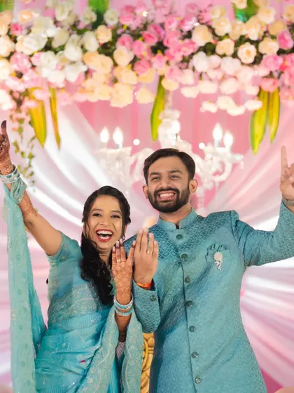 Pure celebration. Varad and Dr. Rutuja cheer after their ring exchange, a moment of pure, unscripted happiness that I love to capture.