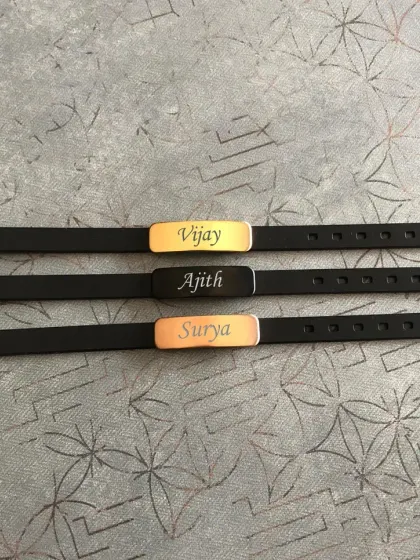 My unisex silicon wristbands can be customized with a name on the metal plate. They are available with gold, silver, or black plates to suit your style.