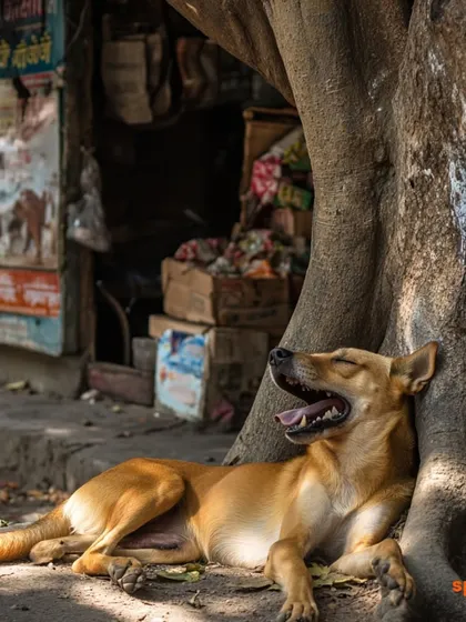 Another beautiful shot from our "A Quiet Sunday" series. Bhola the dog rests peacefully against a banyan tree, a picture of contentment amidst the quiet hum of the city.