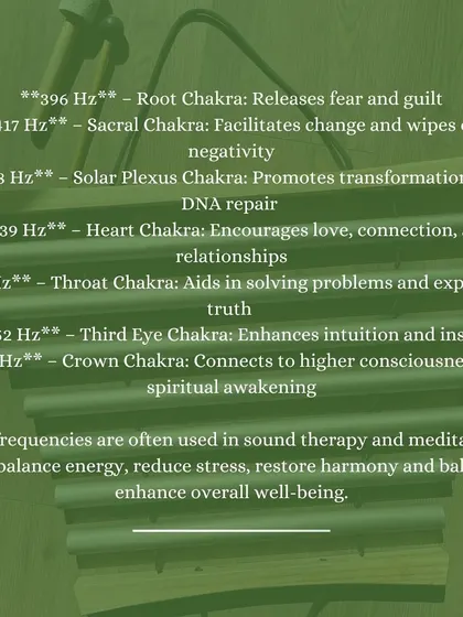This chart details the specific benefits of each Solfeggio frequency, from releasing fear and guilt at the Root Chakra to connecting with higher consciousness at the Crown Chakra. These are used in sound therapy to restore harmony.