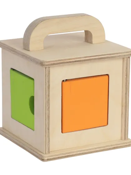 A wooden puzzle box toy, shot from the front on a white background.