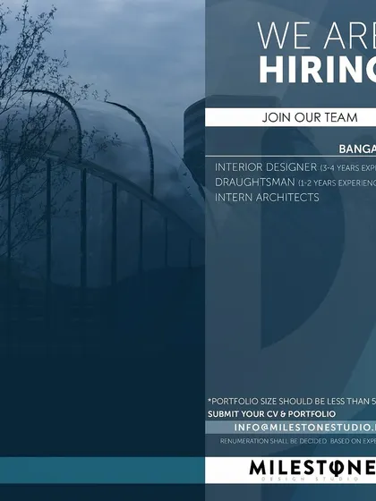 Milestone Studio in Bangalore is looking for an Interior Designer with 3-4 years of experience.