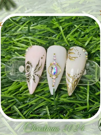 A collection of various nail art designs, from abstract and animal prints to delicate florals and 3D textures, all beautifully framed for the Christmas season.