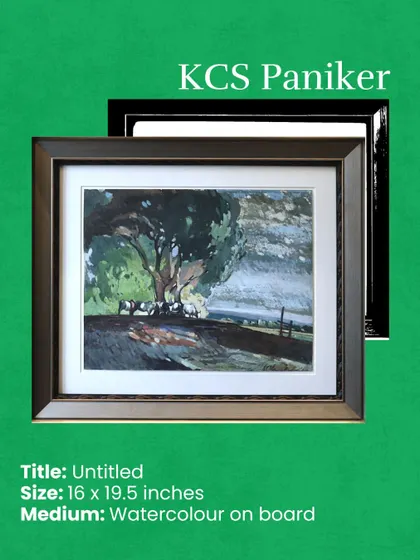 A gentle reminder of where art meets memory. This evocative watercolor on board by KCS Paniker captures a quiet bend in the road, where rural rhythms meet artistic grace.