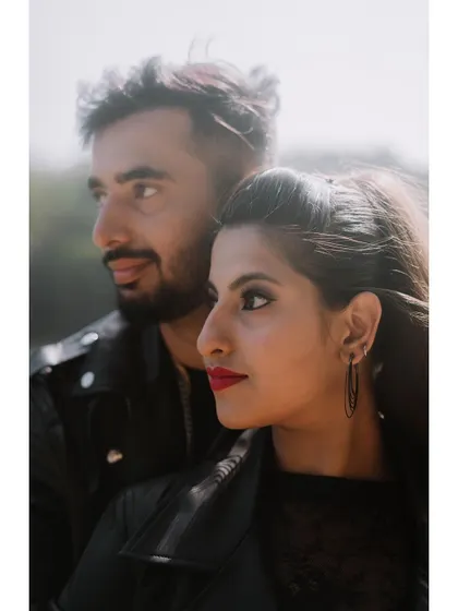An edgy, fashion-inspired pre-wedding portrait featuring the couple in leather jackets. We can adapt our style to match your vision, from romantic to bold.