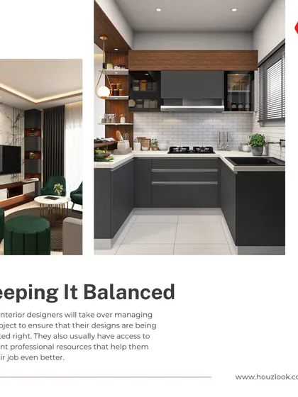 A good interior designer manages the project to ensure flawless execution. This image of a kitchen and living area highlights the balanced and harmonious result of professional oversight.