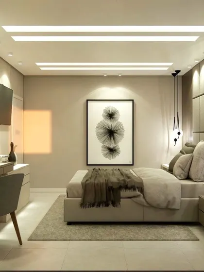 A wide view of the bedroom with the large abstract art piece, showing the overall layout.