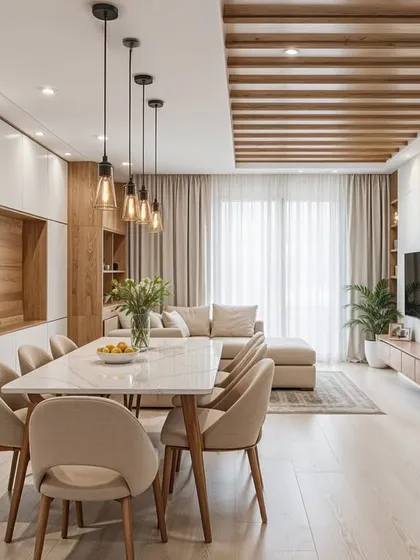 An open-plan living and dining area where the storage unit is seamlessly integrated into the wall, combining open shelving with closed cabinets for a clean and organized look.