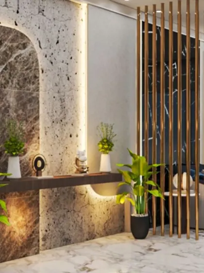 This render showcases an entryway with a dramatic marble accent wall, a floating wooden shelf, and a slatted partition for a grand and modern entrance.