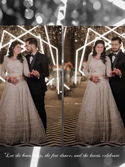A stylish Sangeet portrait set against a modern, geometric light installation. This image showcases the couple's elegant attire and the chic, contemporary vibe of their celebration.