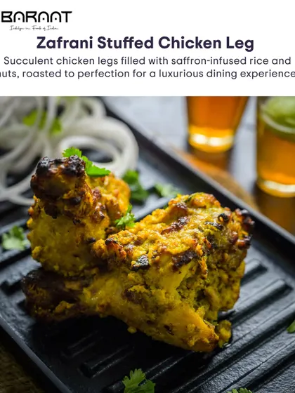 A closer look at our Zafrani Stuffed Chicken Leg, filled with saffron-infused rice and nuts and roasted to perfection.
