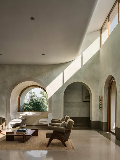 Inside the Dua Villa, we used light as a primary building material. Clerestory windows and curved ceilings sculpt the interior, casting dynamic shafts of sunlight that transform the living space throughout the day, creating a home that feels alive and connected to the outdoors.