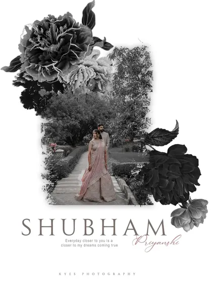 A stunning pre-wedding portrait with a black and white floral graphic overlay. This artistic edit combines the couple's photo with modern design for a unique look.
