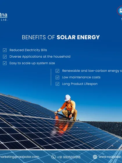 This infographic lists the key benefits of solar energy that we deliver. This includes reduced electricity bills, low maintenance costs, and a long product lifespan, all ensured by our professional installation.