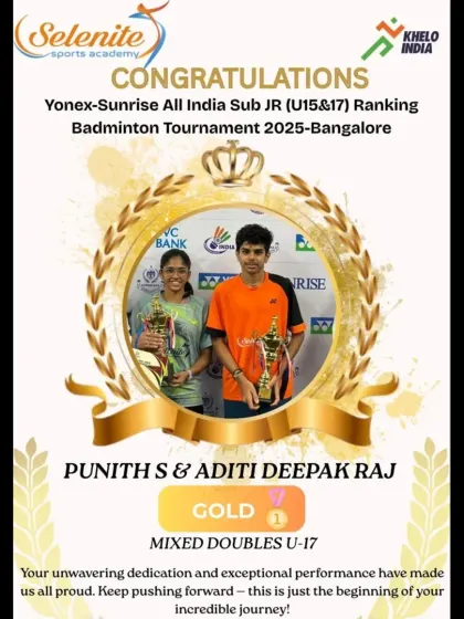 A showcase of our winners from the All India Sub-Junior tournament in Bangalore, featuring our gold and silver medalists in various doubles categories.