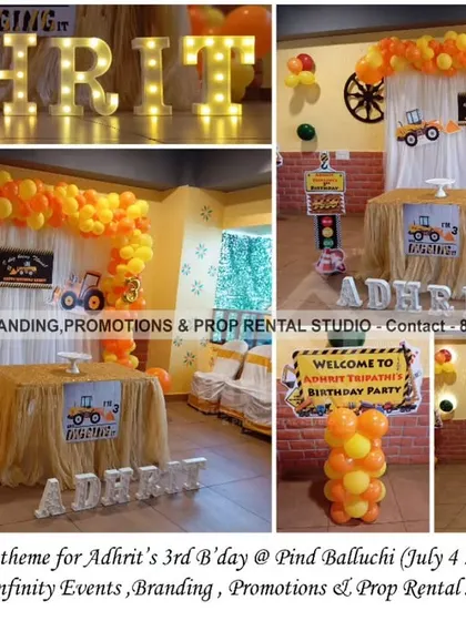 Under construction! Adhrit's 3rd birthday was a fun-filled JCB theme party at Pind Balluchi. We used a brick-patterned backdrop, an orange and yellow balloon garland, and construction-themed props like traffic signs and wheels.