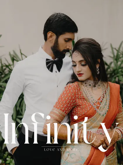 A romantic couple portrait with the word "Infinity" overlaid, emphasizing the theme of everlasting love. This is an example of our stylized, branded imagery.