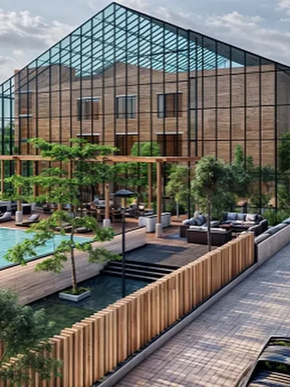 This clubhouse, wrapped in a high-performance glass skin, is our vision for eco-friendly luxury. The double-skin facade is designed to manage heat, keeping the interior cool while creating a lush green space between the glass and the main building, blending smart design with eco-fabulous style.