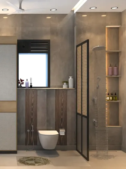 The design includes a wooden vanity with a beige granite top and open shelving for a blend of style and functionality.