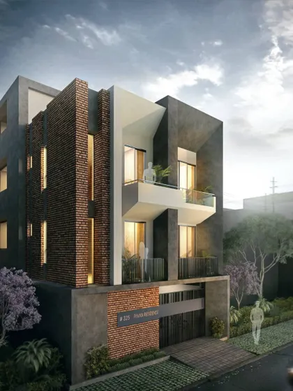 A 3D visualization for the Pavan Residence, a concept featuring a powerful composition of exposed brick, dark textured plaster, and cantilevered white volumes.