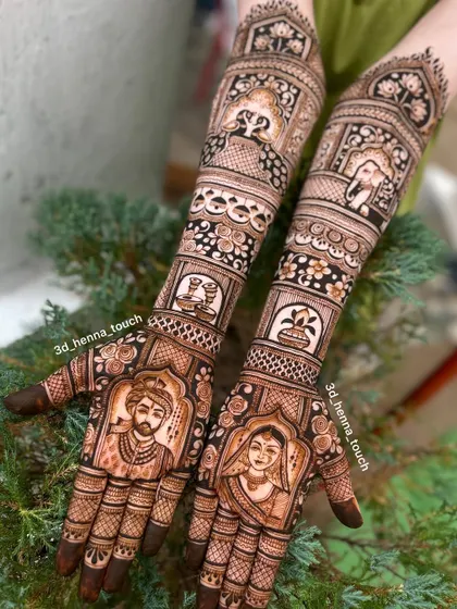 Here, I've created detailed portraits of the bride and groom, surrounded by intricate patterns. The design extends up the arms with various traditional wedding symbols.