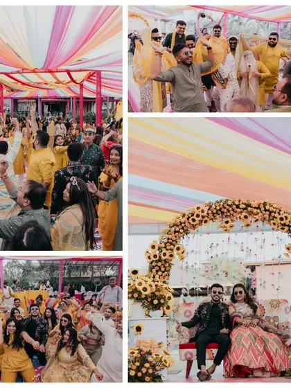 A collage capturing the high-energy dancing and colorful decor of a Haldi function. The vibrant drapes and floral arch created a festive atmosphere perfect for celebrating.