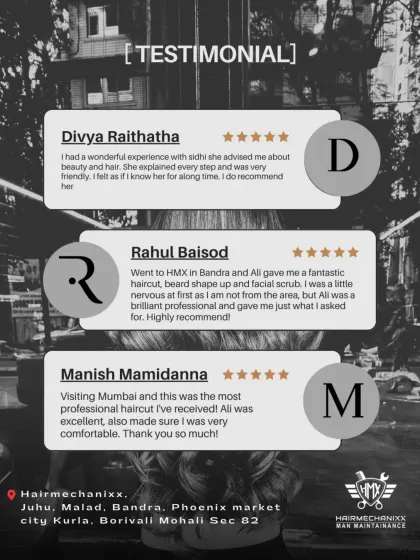 Real words from real clients. This collage showcases feedback from multiple customers who praise our friendly service, professional haircuts, and expert advice at our various locations.