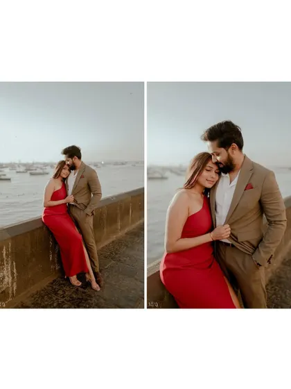 A diptych of intimate poses, showing the couple's connection against the backdrop of the sea.
