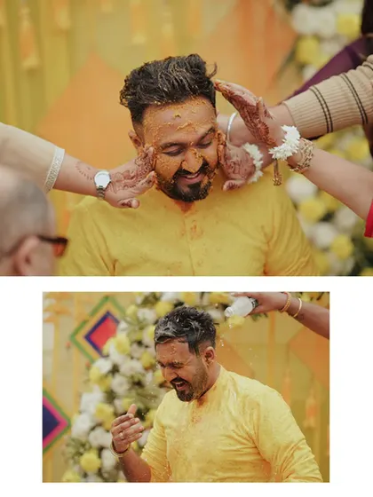 A diptych of the groom's Haldi ceremony. These shots capture the fun and messy traditions as his family applies turmeric and pours water on him.