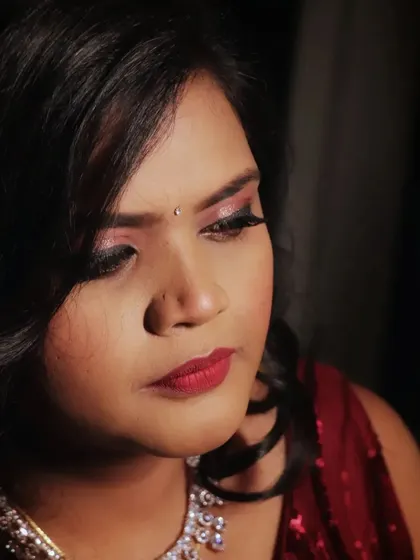 Different angles of a glamorous reception look, focusing on the dramatic eye makeup and glowing skin.