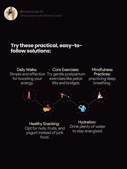 Try these practical, easy-to-follow solutions: daily walks, gentle core exercises like pelvic tilts, healthy snacking, and staying hydrated. Small steps make a big difference.
