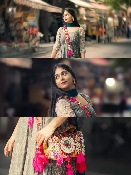 A portrait series showcasing different angles and expressions in a bustling market setting. From a wide shot establishing the scene to a close-up on the handcrafted bag, I capture the details that tell a story.
