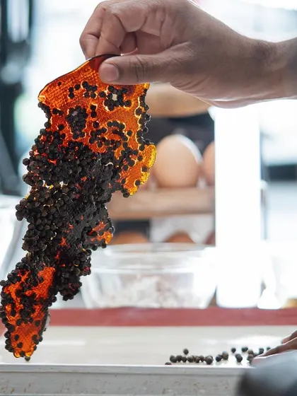 Holding up a finished piece of black pepper brittle. The final product is a beautiful, complex, and delicious example of modern confectionery.