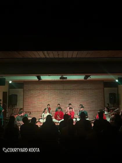A wide shot of The Deutsch Bharatiya Big Band on stage, showing the scale of this incredible international collaboration. Our stage is flexible enough to host large ensembles like this.