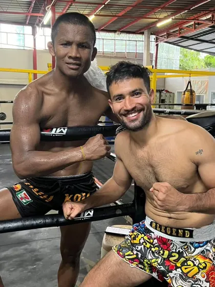 A shot of Coach Ashish with a training partner in Thailand. This shows the level of authenticity and experience our guest coaches bring, having trained and fought in the home of Muay Thai.