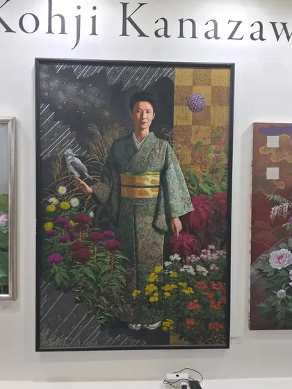 A beautiful portrait capturing the grace of Japanese culture by artist Kohji Kanazawa, exhibited at World Art Dubai. We celebrate art from around the world, fostering cross-cultural appreciation.