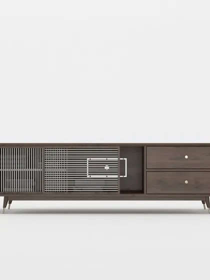A frontal view of the TV unit, highlighting its mid-century modern design with tapered legs and clean, horizontal lines.