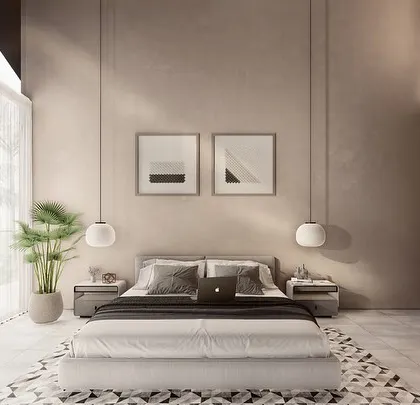 Another bedroom concept for the Vagator Villas, with warm textures and soft, indirect lighting. The design focuses on creating a comfortable and serene space that feels like a modern, tropical retreat.
