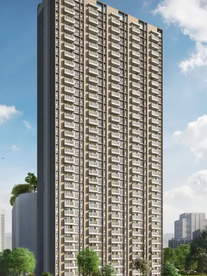 A full-shot exterior rendering of a modern residential apartment tower. The clear sky and surrounding greenery emphasize the building's clean lines and numerous balconies.