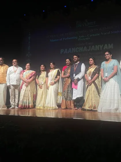 A group photograph with the students and faculty of the School of Performing Arts at Reva University. I was so impressed by the talent of the Carnatic vocal students.