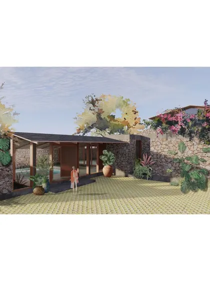 A conceptual render for a 'Summerhouse in a Garden', showing the entry court. The design uses natural random rubble stone walls and a simple wooden pavilion structure to create a home that feels born from the landscape.