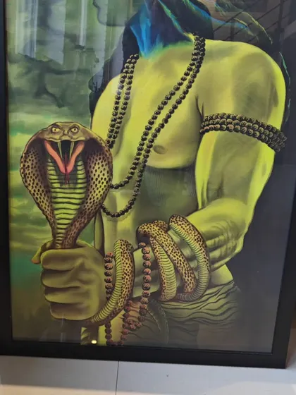 This powerful depiction of Lord Shiva holding a cobra is a striking piece of spiritual art. The dramatic lighting and muscular form convey a sense of divine strength and authority.