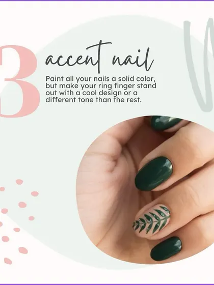 An accent nail is a great way to elevate a solid-color manicure. Here, we show how a single nail with a leaf design can add a unique and stylish element to a dark green set.