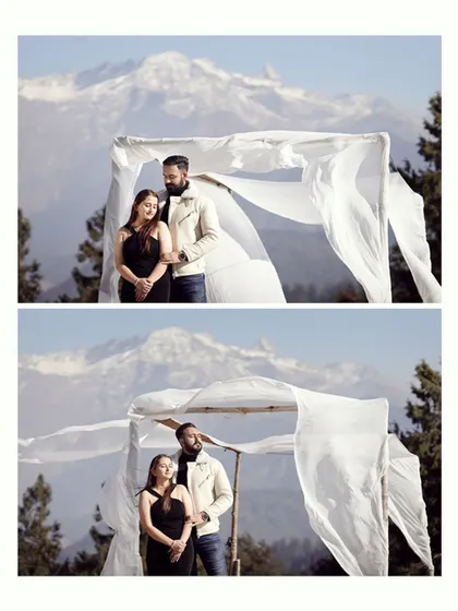 A diptych showing the couple posing against the stunning backdrop of snow-covered mountains. The clear blue sky and bright sun create a cheerful and epic mood.