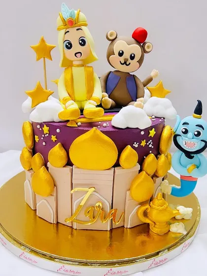 Another take on the Aladdin theme, this time with a purple and gold palace cake. Aladdin, Abu, and the Genie are ready for an adventure on this custom birthday creation.